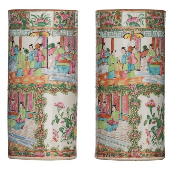 Two Chinese Canton cylindrical vases, decorated with birds...