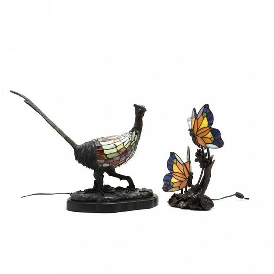 Two Figural Stained Glass Lamps