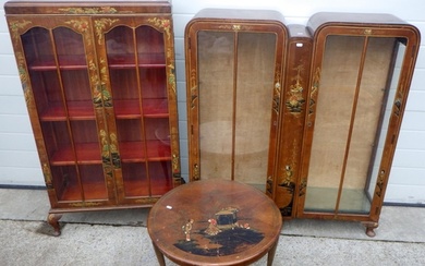 Two chinoiserie decorated China cabinets and a coffee table ...