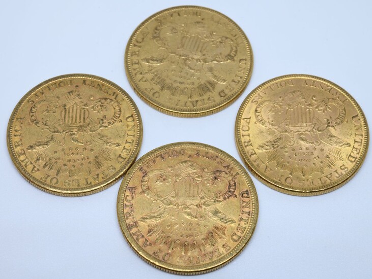 USA. Quatre pièces 20 dollars or. 1878, 1879,...