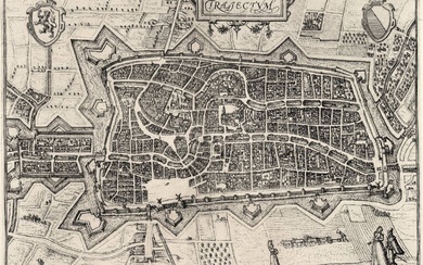 [Utrecht]. "Trajectum". Plan à vol d'oiseau gravé, 23,5x32 cm, de Guicciardini, 1582. - Vague tache...