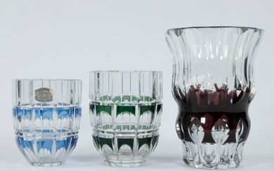 Val Saint Lambert, 3 clear and green/blue and brown cut crystal Art Deco vases, one signed and one with original label