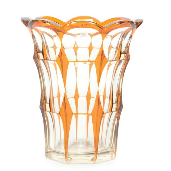 Vase, Bohemian Amber Cut To Clear Glass