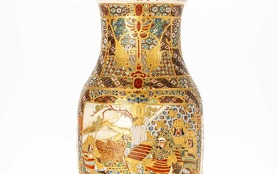 Vase - Ceramic, Enamel, Gold, A baluster-shape Satsuma vase finely painted with panels of Samurai and Shinto ceremony - Japan - Meiji period (late 19th century)