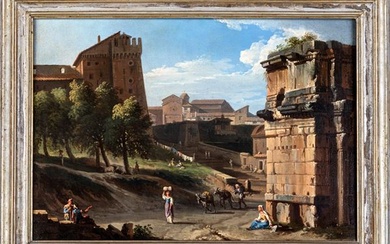 Jan Frans van Bloemen detto l'Orizzonte (Anversa, 1662 - Roma, 1749) Attribuito a, Veduta della scala laterale del Campidoglio con l'arco di Settimio Severo