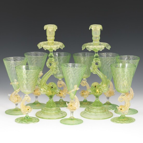 Venetian Wine Glasses with Matching Candlesticks