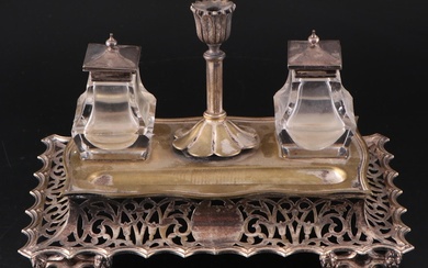 Victorian Silver Plate Over Brass Reticulated Desk Set with Glass Inkwells