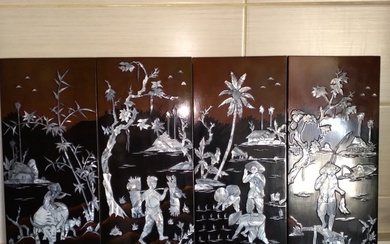Vietnamese everyday life scene - lacquered wood with mother-of-pearl inlay - Vietnam - second half 20th centuries