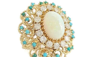 Vintage 1960's Opal Diamond Turquoise Cocktail Ring 14K Yellow Gold, 15.58 Grams