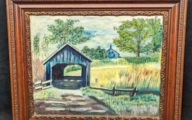 Vintage Framed Oil Flat Canvas Covered Bridge