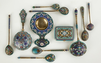 Vintage Russian Enameled Sterling Silver Spoons, etc.