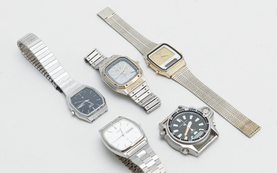 WRIST WATCH, Citizen, Aqualand, and 4 Citizen, steel, quartz, 1970s-80s.
