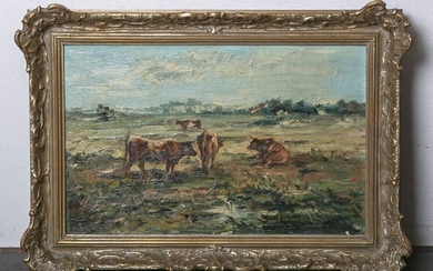 Wagner (probablement 20e siècle), Impressionniste paysage peint avec des vaches, huile/noir, signature à gauche, feuille...