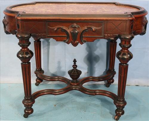 Walnut Victorian inserted marble center table