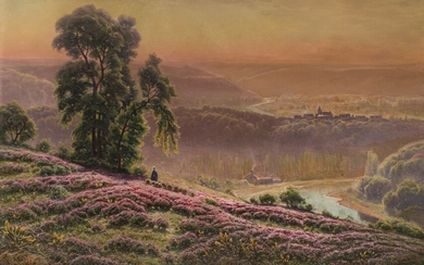 William DIDIER-POUGET (1864-1959) Le matin, bruyères en fleurs, environ d'Aubazine, Corrèze Huile sur toile signée...