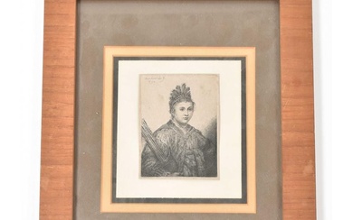 [XVIe au XIXe siècle] Rijn, R. van (d'après). Portrait d'une femme coiffée et portant des...