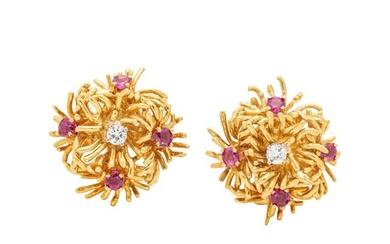 YELLOW GOLD, RUBY AND DIAMOND CLIP EARRINGS