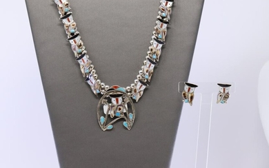 Zuni Inlay Owl Necklace and Sterling Silver Earring Set