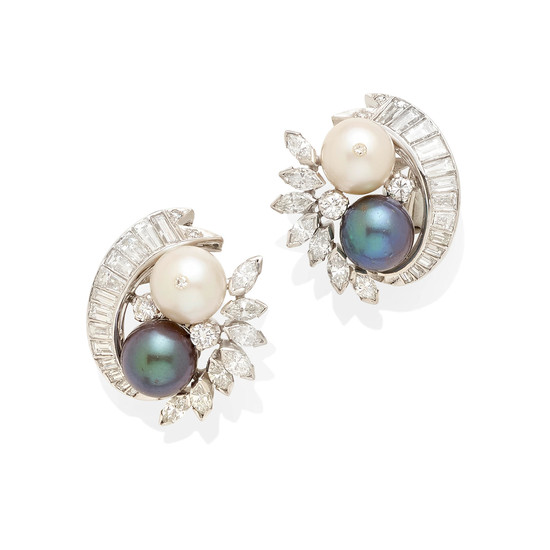 a pair of diamond, colored cultured pearl and cultured pearl earclips