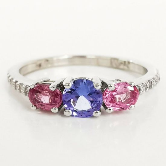 no reserve 0.40 ct Blue Tanzanite & 0.10 ct N.Fancy Pink Diamond Designer Ring - 2.16 gr - 14 kt. White gold - Ring - 0.40 ct Tanzanite - Diamonds
