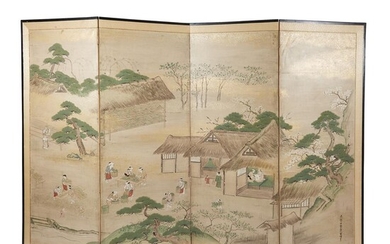 KI NO SHIGEMASU 19th century TENDING THE SILKWORMS Four-fold...