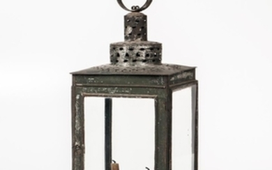 Green-painted Pierced Tin Candle Lantern