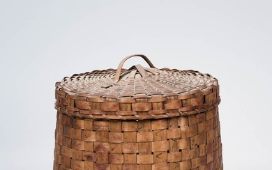 Paint-decorated Native American Basket, 19th century, with red, green, and black geometric patterns, square base, round top, ht. 12, di