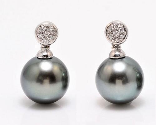 10x11mm Round Shimmering Tahitian Pearls - 14 kt. White gold - Earrings - 0.11 ct