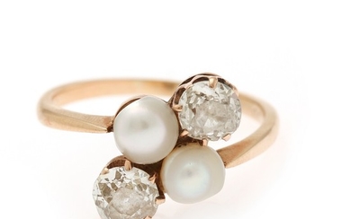 A. Dragsted: A pearl and diamond ring set with two cultured fresh water pearls and two old-cut diamonds, mounted in 14k gold. Size 55.