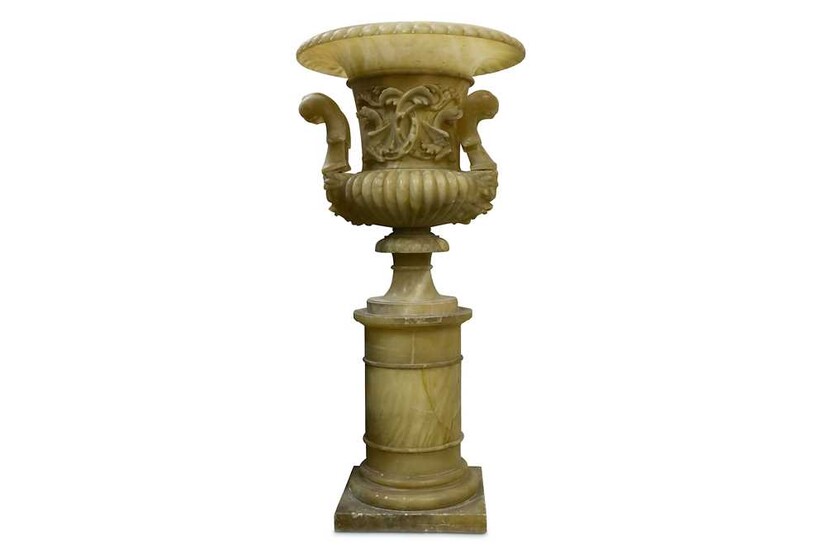 A LATE 19TH CENTURY ITALIAN CARVED ALABASTER URN ON...