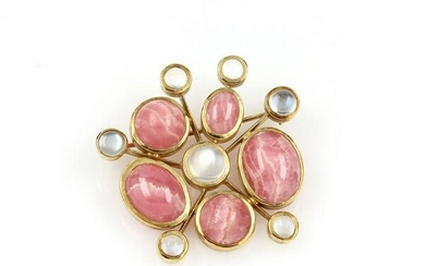 14 kt gold brooch with rhodochrosite and moonstones