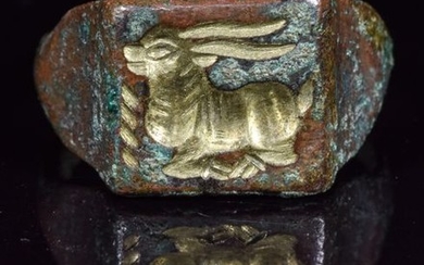 RARE SASSANIAN RING WITH GILDED STAG