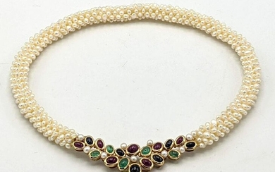 14K Gold Gem Set Pearl Necklace. Rubies, emeralds, sapp