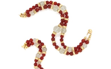 14K Gold, Rock Crystal, and Carnelian Suite