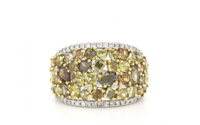 14K White Gold, Yellow Diamond, Cluster Ring. The design features,...