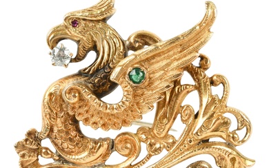 14K YELLOW GOLD, DIAMOND AND EMERALD GRIFFIN BROOCH