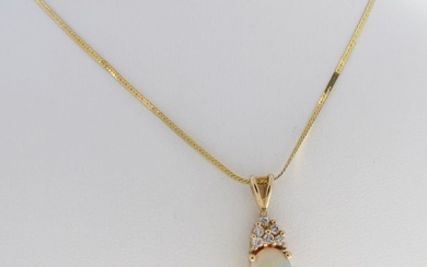 14K Yellow Gold Opal and Diamond Pendant, Chain