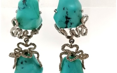 14ct marked white gold 1970's turquoise set screw back drop ...