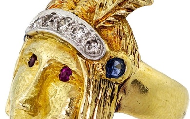 18-Karat, Ruby, Diamond and Sapphire Native American Head Ring