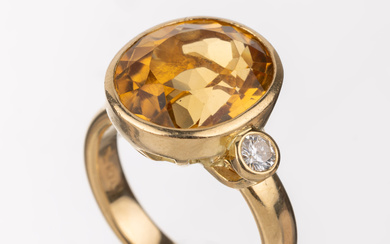 18 kt gold citrine-brilliant-ring , YG 750/000, high ring head...