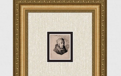 1800s REMBRANDT Etching B358 Woman with a High Headress Bound Round the Chin DURAND Original Framed