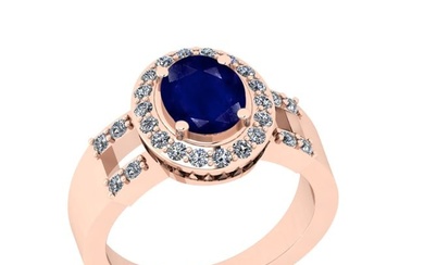 1.81 Ctw I2/I3 Blue Sapphire And Diamond 14K Rose Gold Anniversary Halo Ring