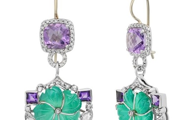 18K White Gold Setting with 3.5ct Amethyst, Chalcedony and 1.25ct Diamond Earrings