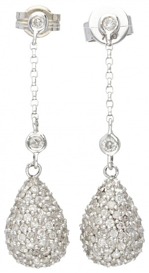 18K. White gold earrings with teardrop-shaped pavé pendant set with approx. 1.54 ct. diamond.