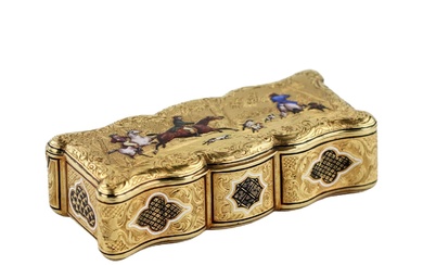 18K gold enameled snuffbox with scenes of equestrian hunting. French...