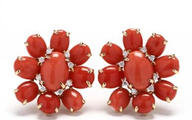 18KT Gold, Coral, and Diamond Earrings