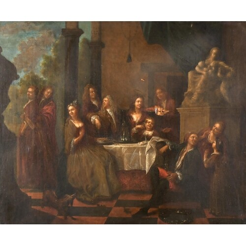 18th Century Dutch School. Elegant Figures at a Table on a T...