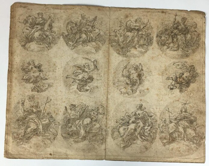 18th century ITALIAN SCHOOL Study sheets Pen and brown ink, grey wash on black pencil sketch 36 x 47.5 cm Folds, stitching Expert: Cabinet de BAYSER