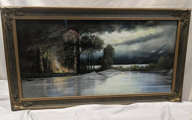 1920s Andrew Gunderson Bonfire Lake Scene Painting