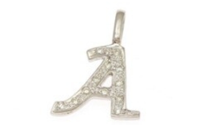 1927/1142 - A diamond pendant in shape of the letter "A" set with numerous brilliant-cut diamonds, mounted in 14k white gold. L. incl. eyelet 1.7 cm.